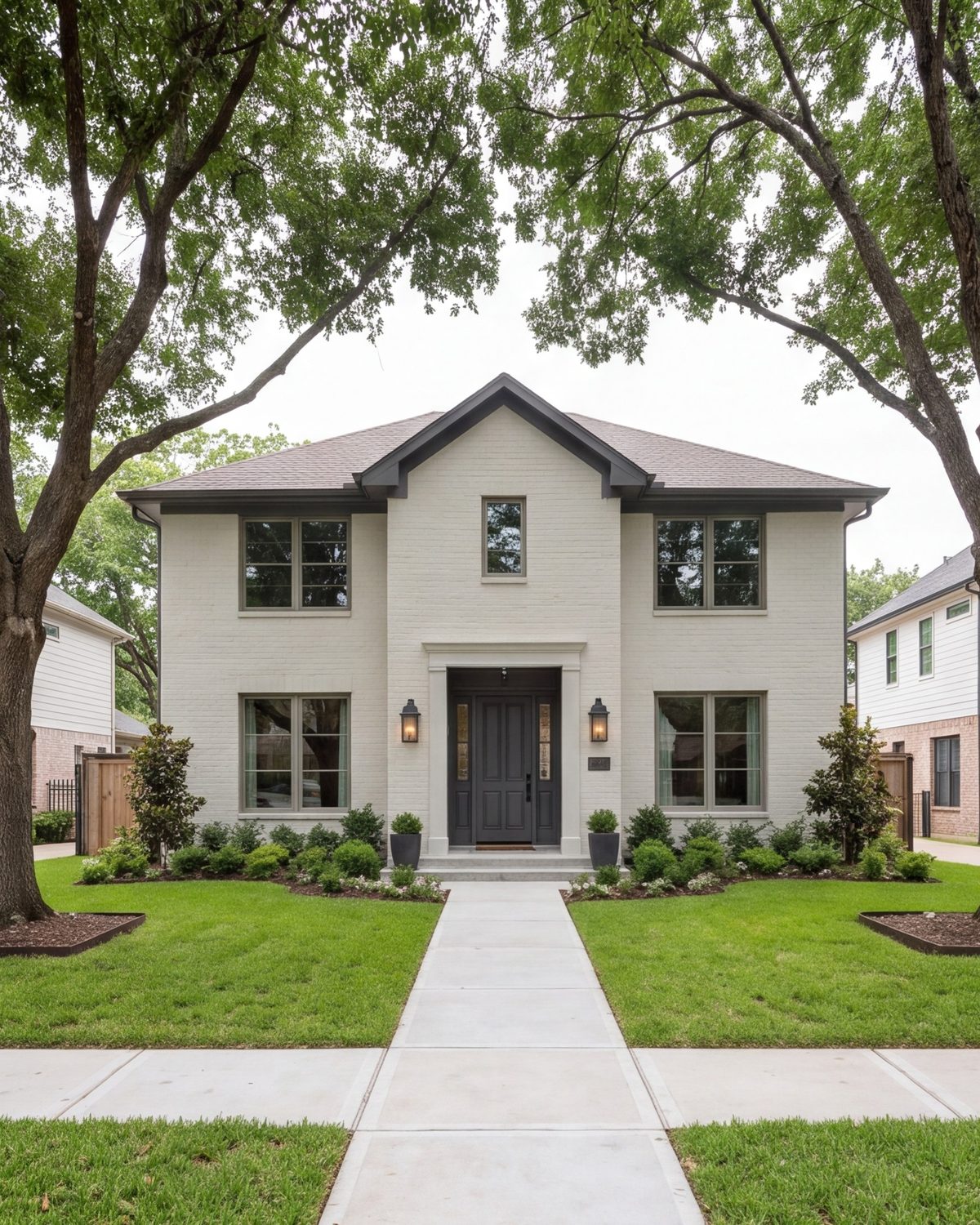 Street view of a 1970s brick two-story Houston house with new paint, entry and lighting