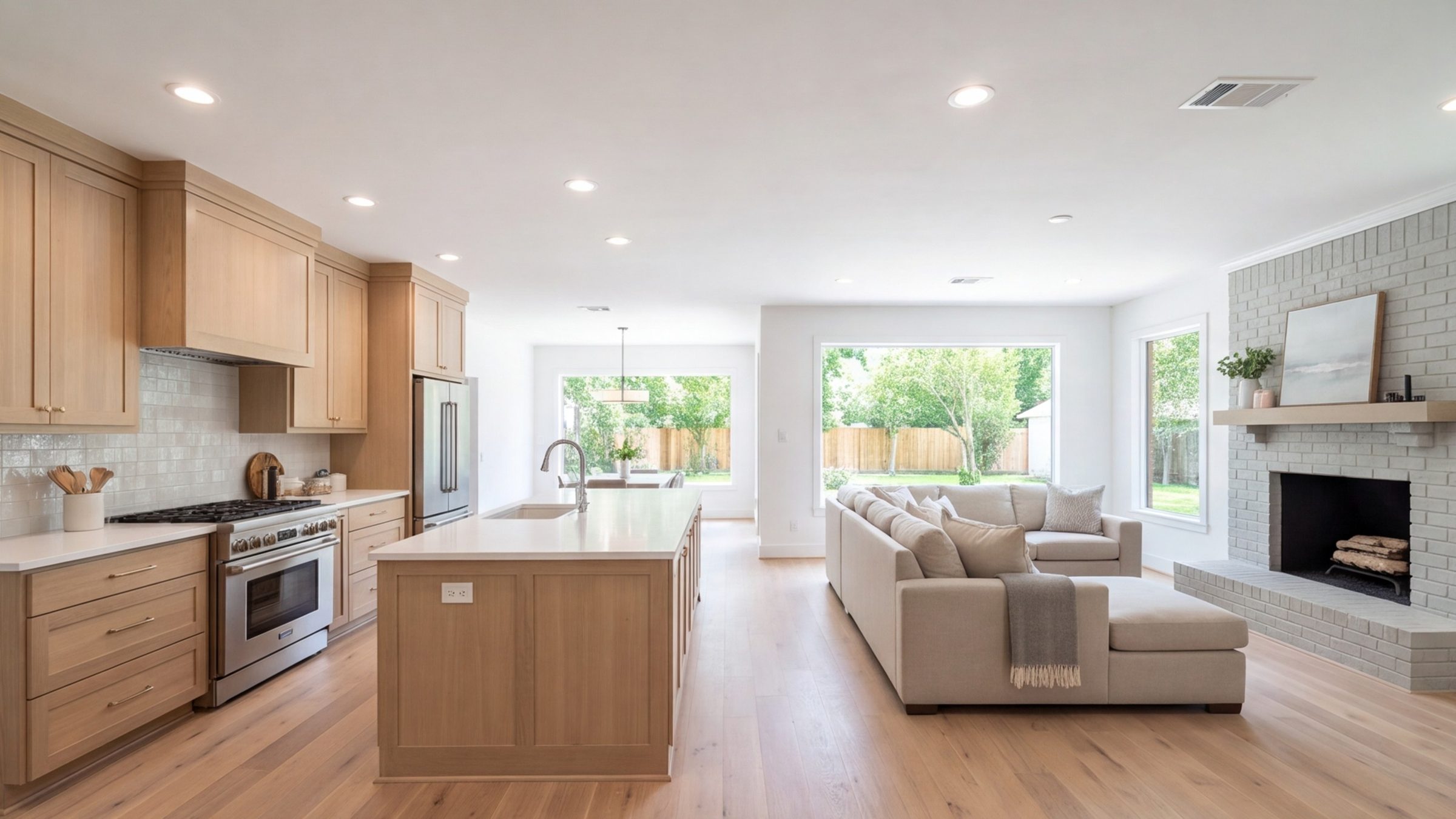 Wide view of an open kitchen and family room in a remodeled Houston brick ranch, afternoon light