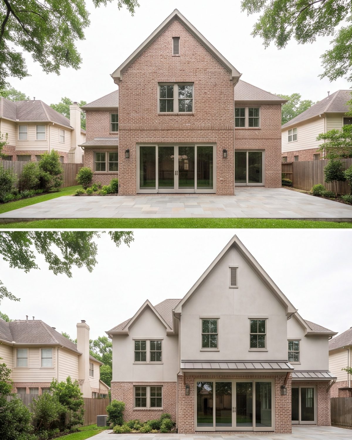 Rear addition on a Bellaire brick house with matching roofline and wide patio doors