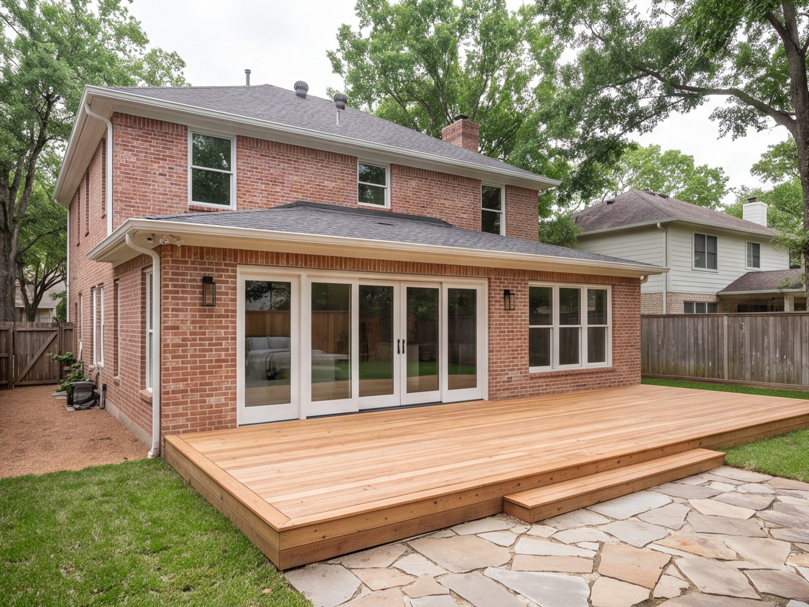 Rear addition on a brick house with a matching roofline, wide patio doors and a deck