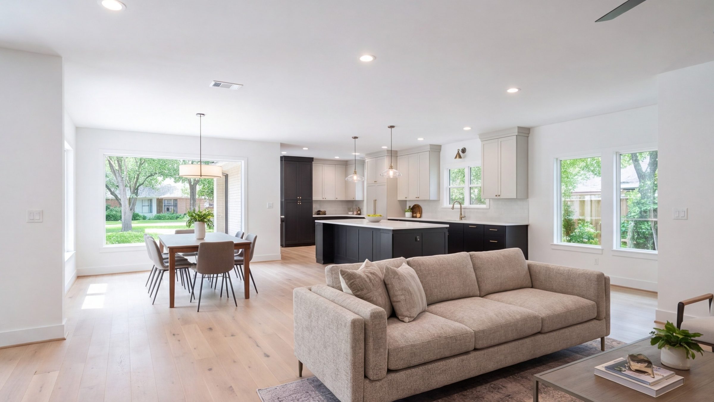 Open-plan living room, dining area and kitchen after a whole-home remodel in a Houston house