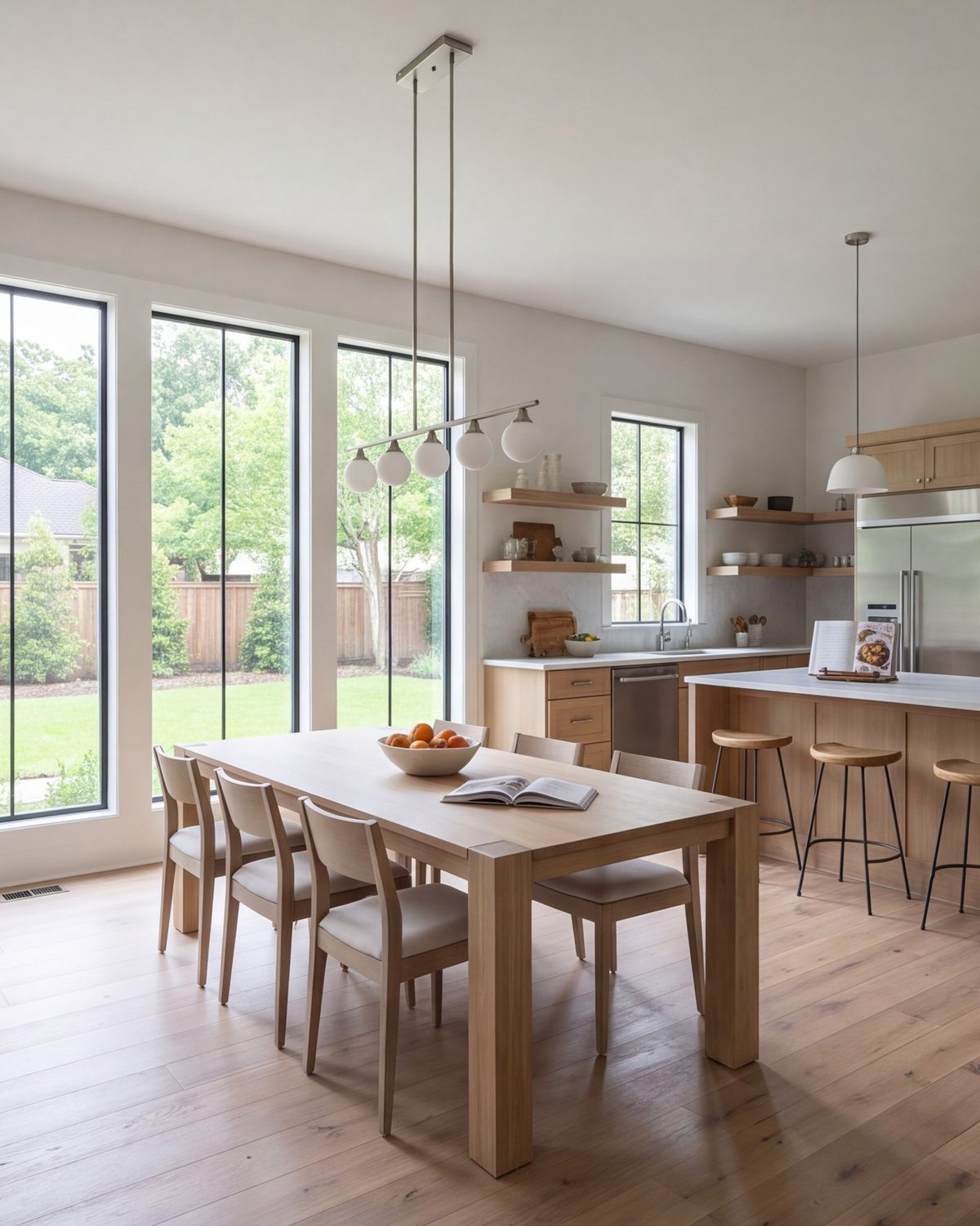 Family dining area beside an open kitchen with tall windows and a long table